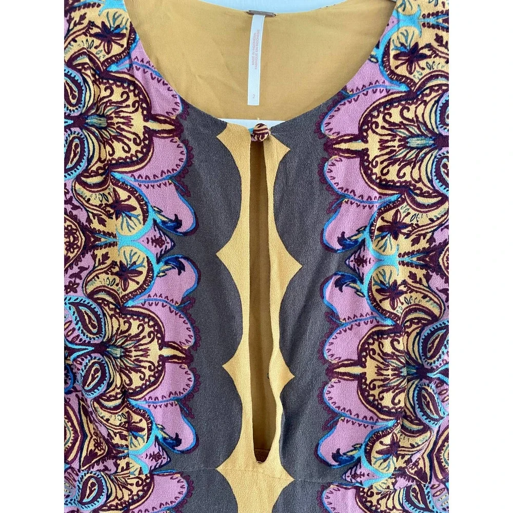 Free People Ossie Vibes Bell Sleeve Paisley Mini Shift Dress Gold Brown Sz 2 - Picture 4 of 6